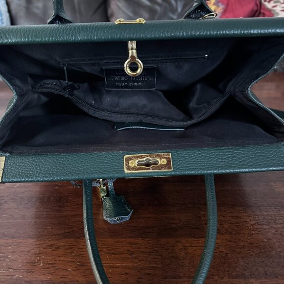 Italian Green Leather Satchel – Structured Top Handle Bag w/ Gold Tone Hardware - Picture 4 of 9